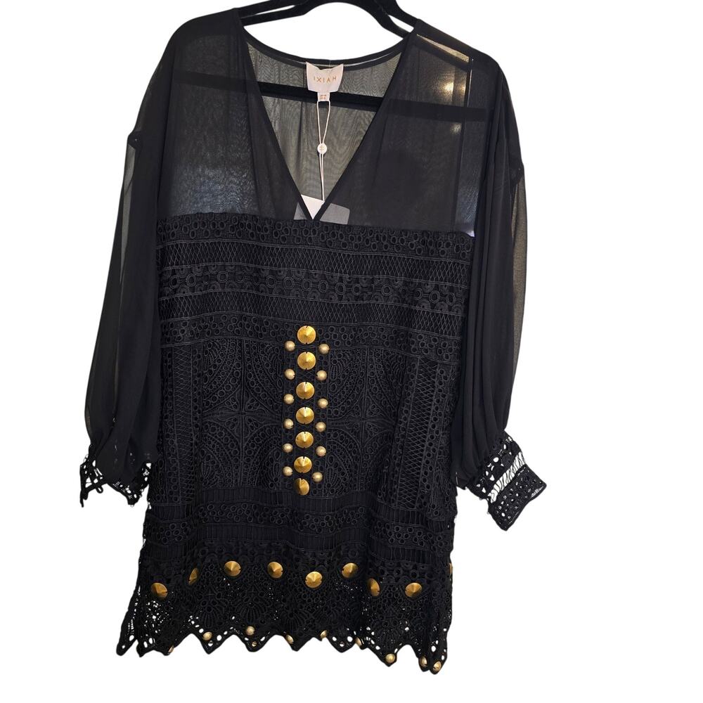 IXIAH "Stone Cold" Dress – Black Sheer Lace Crochet, Gold Studs – Size 6 – NWT